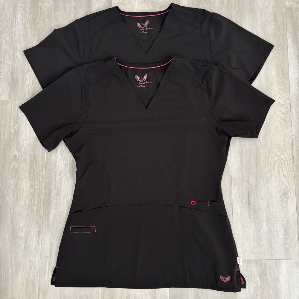 Smitten Women V-Neck Scrub Tops Lot of 2 Size Large Stretch Black Pink
